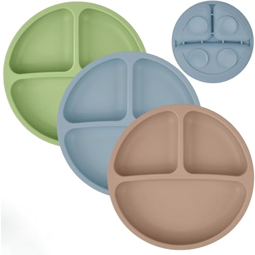 Image of MumEZ Baby Plates with Suction - 3 Pack Silicone Baby Suction Plates for Toddler Kids Self Feeding - Weaning Plates for High Chair Tray - Unbreakable, Portable, Non Slip (Coffee+Blue+Green)