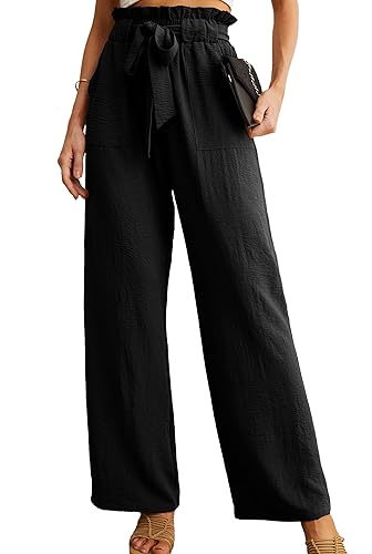 IWOLLENCE Schwarze Hose Damen Elegant Marlenehose Damen Straight Wide Leg Hose Damen High Waist Business Hose Bundfalten...