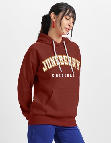 Image of JUNEBERRY Fleece Oversized Baggy Fit Hooded Sweatshirt Drop Shoulder Typographic Logo Printed Full Sleeve Hoodie for Women (Availabe Colors: Copper Tan, Rust & Red)