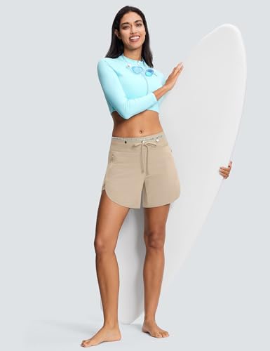 ISEEGZ Womens 5.5" Swim Shorts High Waisted Board Shorts with Pockets Quick Dry UPF 50+ Beach Shorts with Liner