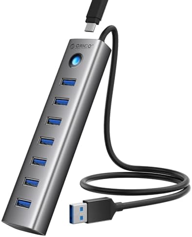 ORICO Aluminum 7-Port USB Hub with 1.64Ft Cable, Multiple USB 3.0 Hub, 5Gbps Data Transfer, 5V 3A Type-C Port, UBS-A Splitter for PC, Laptop, Desktop