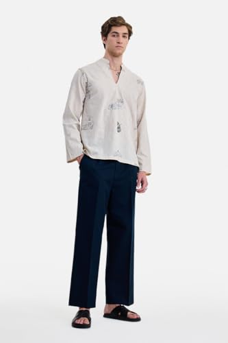 Image of SNITCH Men Trousers Holiday & Casual Wear | Relaxed Fit Pleated Front & Straight Leg Design | Breathable Cotton Linen Blend Fabric for Summer & Vacation Outings