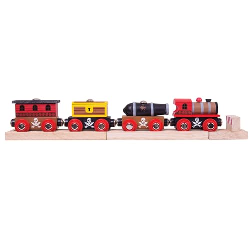 Bigjigs Rail Pirate Train | Kids Engine Toy for Wooden Railway Tracks | Accessories for Wood Tracks | Small Engines | Set Comes with 3 Carriages | Toddler Educational Sets | Gifts for 3+ Year Old Kids