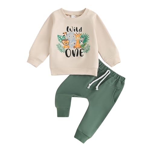Zukmuk Toddler Baby Boys Birthday Gentleman Outfit Baby Boys wild One Letter Print Animal Romper/T-shirt with Suspender Shorts Baby Boy Birthday Outfit 0-3T (Beige 12-18 Months)