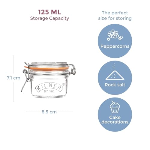 Image of Kilner Premium 4 x 125ML Clip Top Airtight Round Glass Food Storage Jar | Multipurpose BPA Free, Reusable Kitchen Container for Storage for Herbs, Spices