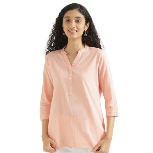 Image of SAADAA Women Short Kurti Airy Linen Regular Fit Kurta with 3 /4th Sleeves, Mandarin Collar, Side Slit Perfect for Casual, Formal, and Ethnic Wear