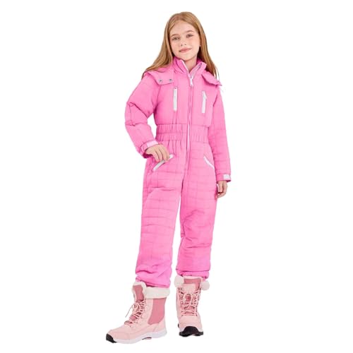 Image of Ski Suits for Kids UK Boys Girls Romper Snowsuit with Hood Children's Winter Warm Snow Overall Thermal Ski Jumpsuits Waterproof Windbreak Fleece Thick Skiwear Pink 10 Years