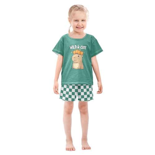Checkerboard Plaid Orange Capybara Teal Pajama Set Short Sleeve Sleepwear Soft Pajamas Shorts Sets Cotton PJS 5Y3