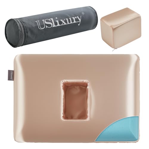 USlixury Ear Piercing Pillow with Foam Plug - Ear Pillow with Off Center and 4.7'X3.2' Hole, Soft CertiPUR-US Memory Foam, 16'X11'X4'' Cooling Piercing Pilow for Side Sleepers, Satin Cover, Champagne