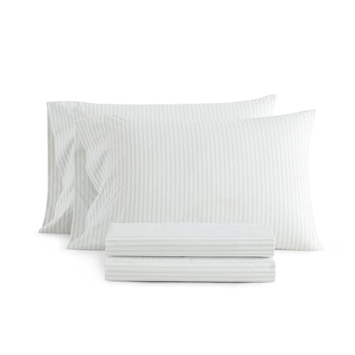 Image of Martha Stewart - Twin XL Size Sheet Set, Breathable Cotton Percale Bedding with Matching Pillowcase, Fully Elastic Fitted Sheet, Deep Pocket, Crisp & Cooling All-Season Comfort (Ticking Stripe Green)