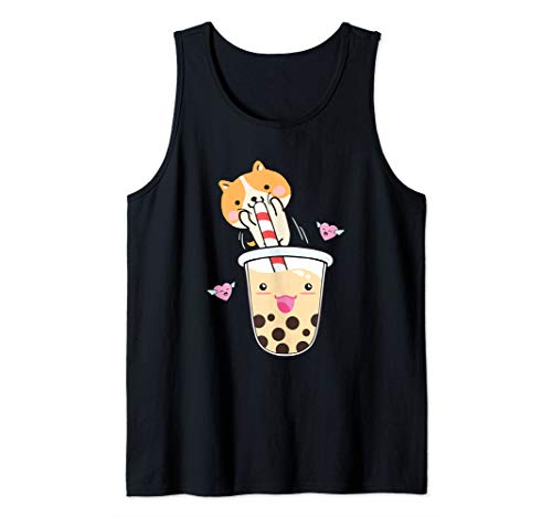 Kawaii Corgi Loves Bubble Tea Funny Cute Anime Japanese Gift Tank Top