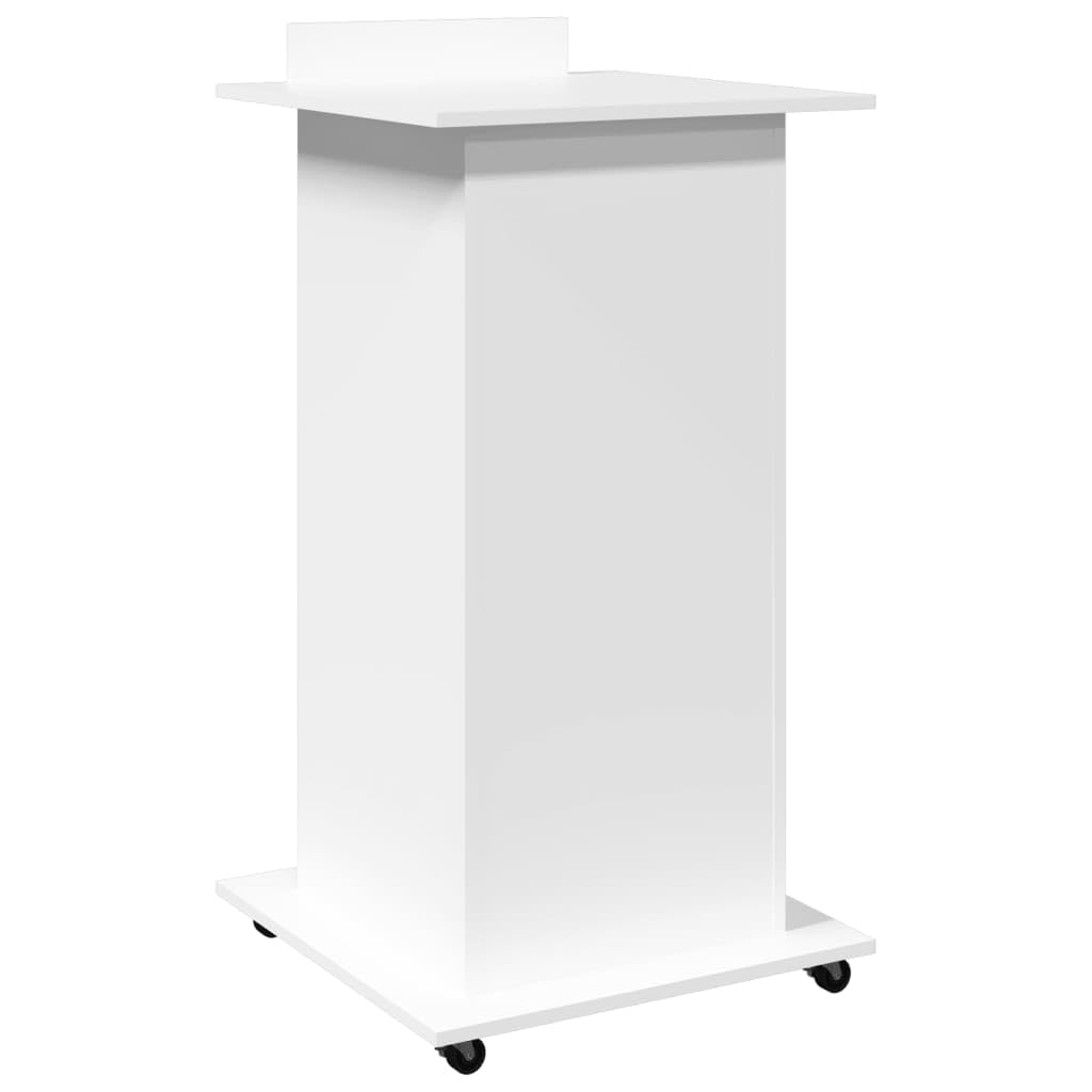 Leggio con Ruote e Cassetto Bianco 55x55x107 cm in Multistrato,Leggio, Podio, Pulpito per Conferenze, Tavolo per Presentazioni, Scrivania per Discorsi Pubblici, Porta PC, Piano Inclinato e Ripia