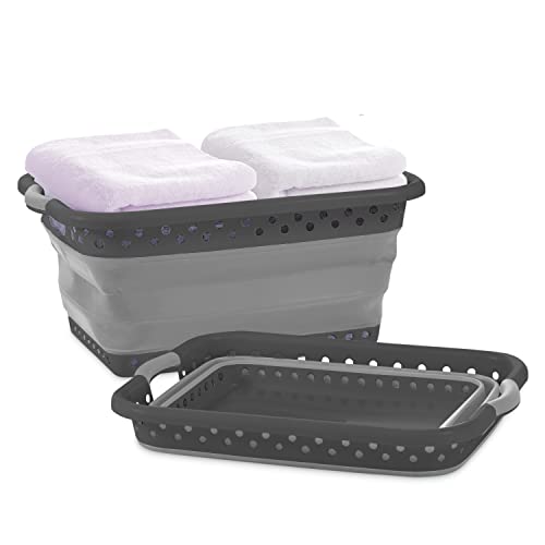 Image of Pop & Load Collapse & Store 1 Large 25 inch Slim Collapsible Plastic Laundry Basket, Space Saving Portable Pop Up Storage & Organization Basket, 3 inch High When Folded, Dual Comfort Grip Handles, Black