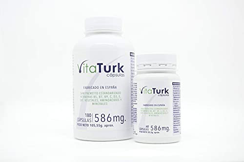 NUEVO Vitaturk - 180 cap. Vitaminas Saw palmetto | Hombre y Mujer | Inhibidor de DHT causante alopecia androgenetica | Contiene Biotina, Zinc, Ginkgo biloba entre otros | FABRICADO EN ESPAÑA |