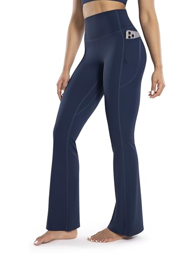 ENERBLOOM Womens Workout Flare Yoga Pants with Pockets High Waisted Bootcut Leggings Tummy Control 30 Navy X-Large