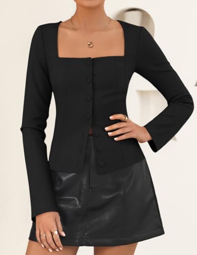 ZESICA Women's Fall Square Neck Blazers 2025 Casual Long Sleeve Button Up Work Business Fitted Blazer Jackets2