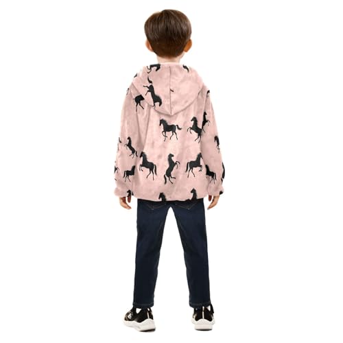 Black Horses on Pink Toddler Fleece Jacket Girl Boys Hooded Fleece Jacket Coat Warm Outwear Zip-up 3-10T4