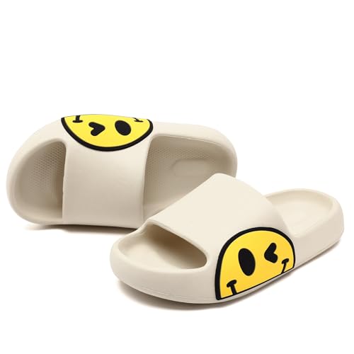 Uonesone Slides Sandals for Kids,Girls Shower Shoes,Boys Cloud Slides Non slip Quick Dry Bedroom Shoes Indoor Outdoor Open Toe Spa Bath Pool Gym House Casual House Slippers(Beige 25/26)