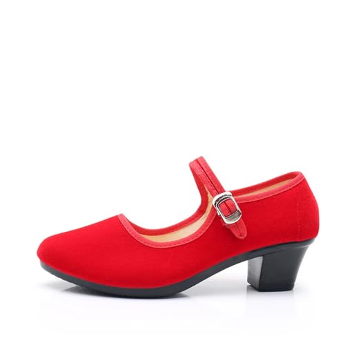 Image of Women's Mary Jane Pumps with Ankle Strap, Low Block Heel Court Shoes for Work Comfort Support Wide Fit Office & Evening Party Formal Shoes Cushioned Slip On Smart Heels Red