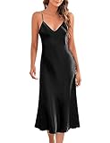 Marvmys Satin Nightdress for Women UK Long Negligees Strap Chemise Nighties for Ladies V Neck Full Slips Sleepwear Black XL