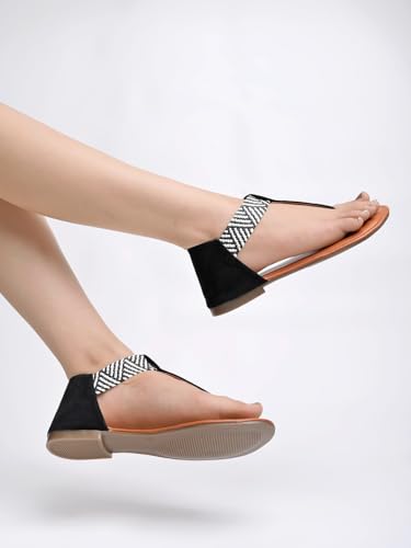 Image of Shoetopia Women's Ethnic Style T-Strap Sandals Chevron Ankle Strap Flats for Casual & Festive Comfortable & Stylish Party