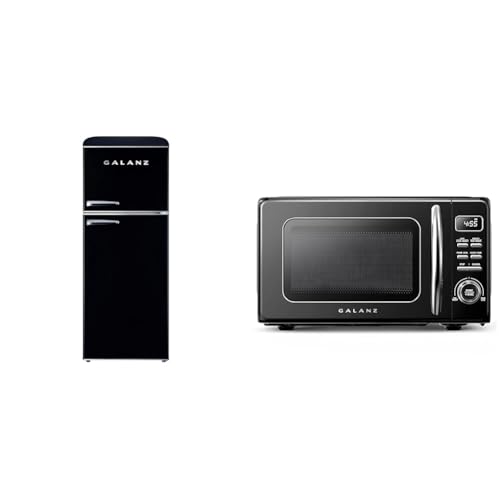 Image of Galanz GLR10TBKEFR Retro Refrigerator with Top Freezer Frost Free, Dual Door Fridge & GLCMKZ07BKR07 Retro Countertop Microwave Oven with Auto Cook & Reheat, Defrost