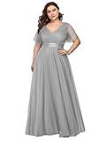 Ever-Pretty Women's Ruffle Sleeves Double V-Neck Tulle Wedding Party Dresses Plus Size Grey US20