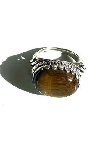 Bague en argent et œil-de-tigre de haute joaillerie avec pierre fine naturelle taille 56.5