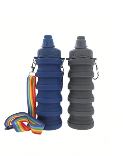 Silicone Collapsible Travel Water Bottles 17.6oz Dark Gray And Dark Blue