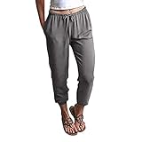 StarTreene Damen-Hose mit Kordelzug, elastischer Bund, Leinen, Freizeithose mit Taschen, grau, M