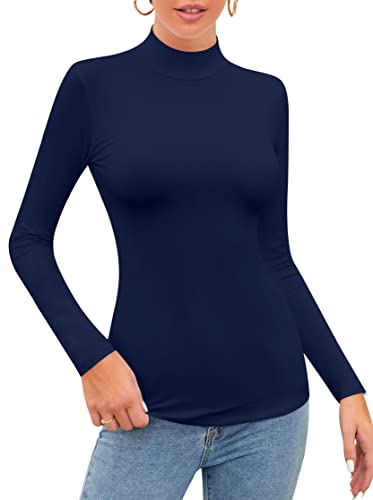 SHEIUGU Women’s Long Sleeve Mock Turtle Neck Tops Basic Stretchy Fitted Underwear Layer Tee Shirts(Navy Blue-A-Large)