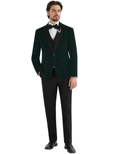 MAGE MALE Mens Velvet Suits Slim Fit Peak Lapel Tuxedo 3 Piece One Button Prom Party Banquet Blazer Vest Pants Set3