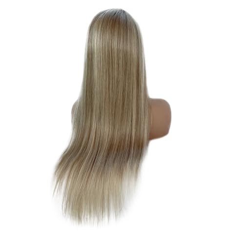 Image of 28 Inch Ombre Ash Blonde Highlights Lace Front Wig Human Hair for White Women 180% Density Tiny knots 13x4 Lace Frontal Pre Plucked Real Remy Wear and Go Glueless Wigs Straight Natural Hairline