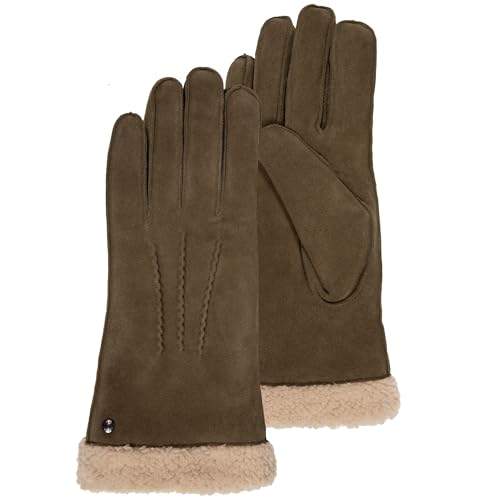 Isotoner Gants femme en cuir de chèvre velours, doublés en imitation fourrure, 7=S, olive