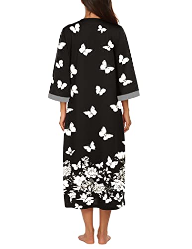Image of Ekouaer Women Zipper Robe 3 /4 Sleeves Loungewear Dress Full Length Sleepwear Pockets Housecoat Nightgown Long Bathrobe