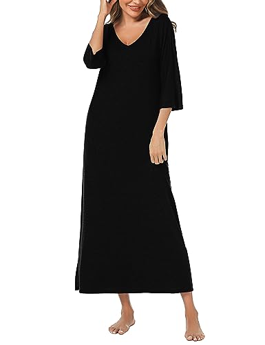Uniexcosm Chemise de Nuit Femme Coton Longue Col en V Manches Robe de Nuit avec Poches D-Noir XL – vue 2