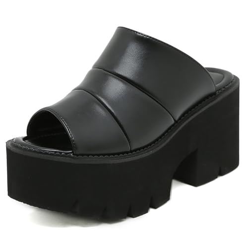 Women'S Black Leather Platform Chunky Heel Goth Slides Sandals Fashion Fish Mouth Comfort Slip On Anti-Slip Lug Sole Block Heeled Y2k Punk Slippers For Party Wedding Prom Evenin