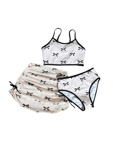 SHENHE Girl's 3 Piece Swimsuit Bow Print Crop Top Bathing Suit with Mesh Cover Up Skirt
