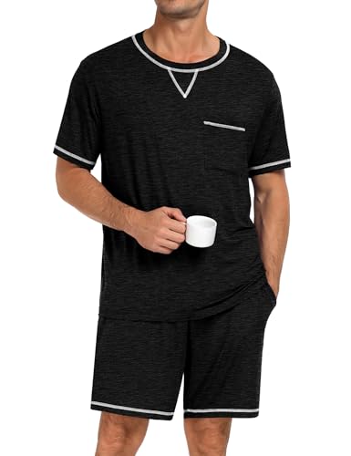Image of SWOMOG Mens Pajamas Set Summer Sleepwear Short Sleeve Pjs Set Soft 2 Piece Lounge Set Comfy Loungewear with Pockets