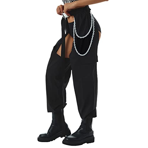 Sexy Buckle Bottomless Pants Women Hollow Out High Waist Rave Chaps Hiphop Rock Crotch Pants Belted Cargo Trousers3