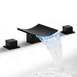 SKOWLL Bathroom Sink Faucet 3 Hole Black, Large Waterfall Spout with LED, Widespread Bathroom Faucets 3 Hole, Unique Look