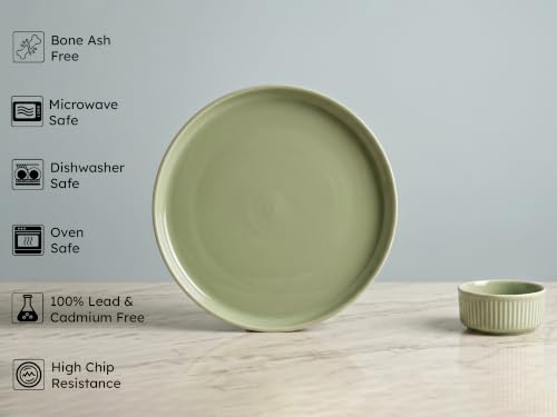 Image of Bodhi House 12-Piece Ribbed Porcelain Dinner Set for 6 | 6 Dinner Plates & 6 Katori, Chip Resistant, Microwave & Dishwasher Safe Crockery Set for Home, Dining & Gifting, Tea Green