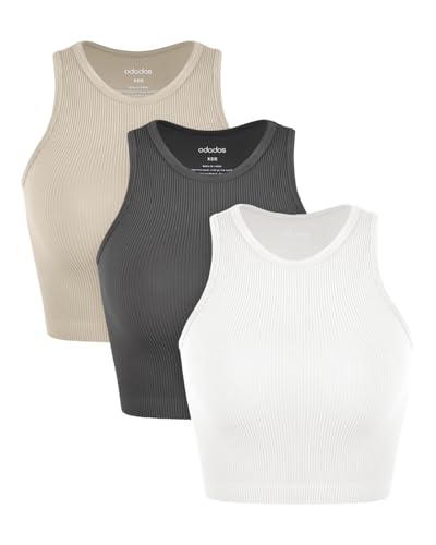 Image of ODODOS 3-Pack Seamless Crop Tank for Women Ribbed Soft High Neck Cropped Tops