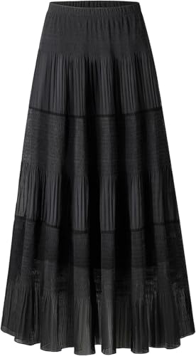 comefohome Womens Skirts UK Elasticated Waist Maxi Long Summer Pleated Flowy Chiffon Adjustable A Line High Waist Ladies Skirt Black XXL