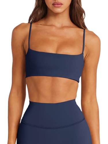 Womens Strappy Sports Bra Adjustable Spaghetti Workout Tops with Built in Bra Camisole Tank Gym Athletic Yops Summer Crop Tops 2025(Navy Blue Small)