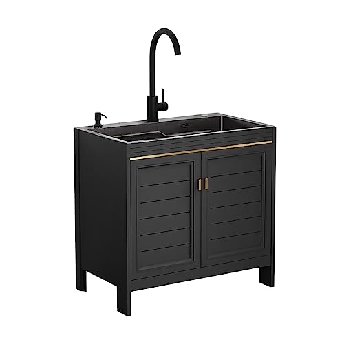 Évier Utilitaire De Cuisine, Ensemble Évier Et Meuble De Cuisine Noir, En Acier Inoxydable, Autoportant, Avec Robinet D'Eau Chaude Et Froide, Pour Garage,...