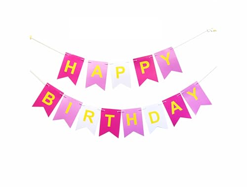 Pink Happy Birthday Banner Sign, Hanging Bunting Backdrop, Birthday Party Decorations and Party Supplies for Women Men Girls Kids Baby Shower Nursery, Yellow Letters, Pre-Assembled