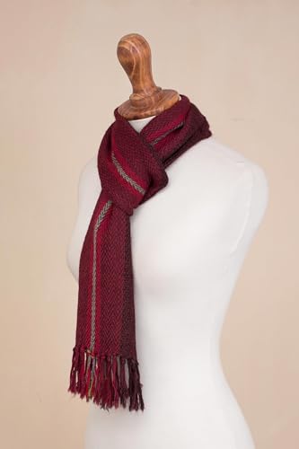 NOVICA Artisan Handwoven 100% Alpaca Scarf Wrap in Crimson from Peru Wool Accessories Scarves Red Burgundy Patterned ' Andean Zigzag in Crimson'4