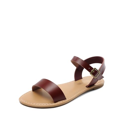 DREAM PAIRS Women's Ankle Strap Flat Sandals Open Toes One Band Buckle Summer Dressy Sandals 5.5 Brown-pu