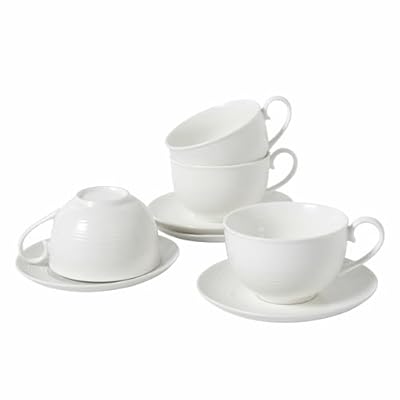 SumitlEyao Coffee Cups with Saucers, Cappuccino Mug Set of 4 (10oz), Ceramic White Tea Mugs with Saucers, Microwave and Dishwasher Safe, for Home, Cafe, Bridal Shower, and Housewarming